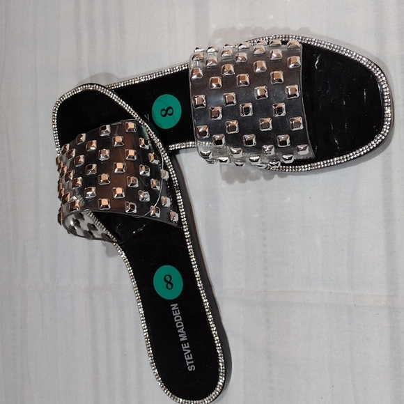 Steve MADDEN SZ 8 SLIDES FLATS SLIP ON DRESS SHOES SILVER GLITTER ACCENTS NWT - Picture 3 of 9